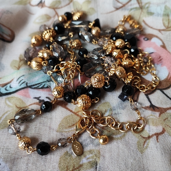 Joan Rivers Signed Extra Long Gold Tone Black Smoke Necklace Acrylic and Glass - Picture 9 of 9